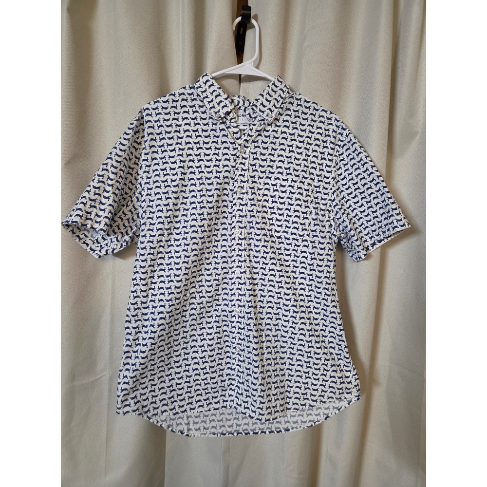 Old Navy Mens Large White Blue Jackrabbit Print Short Sleeve Button Down Shirt L